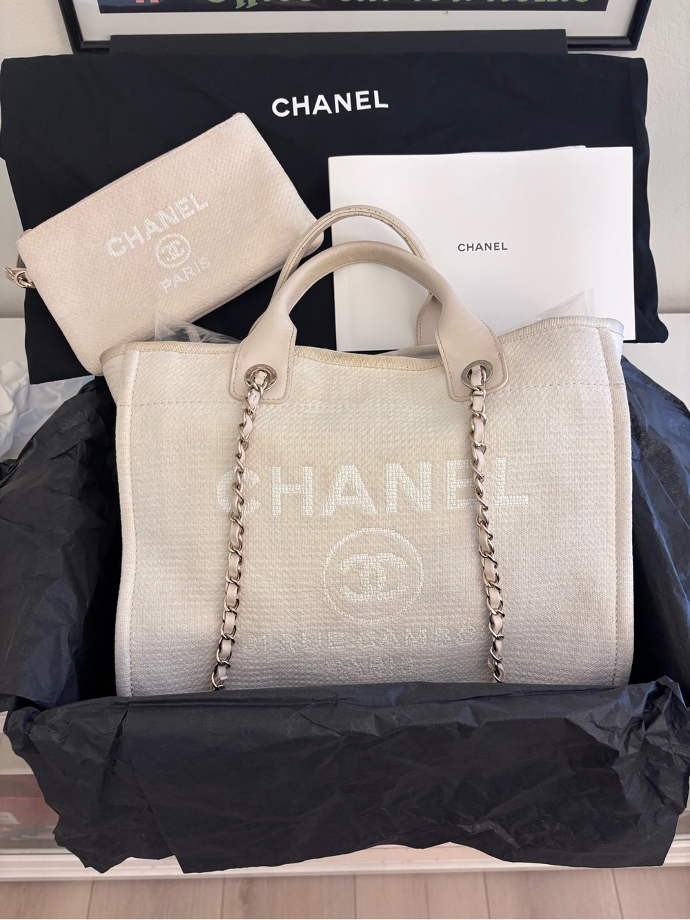 Chanel Medium Deauville Shopping Tote Ivory Canvas Light Gold Hardware
